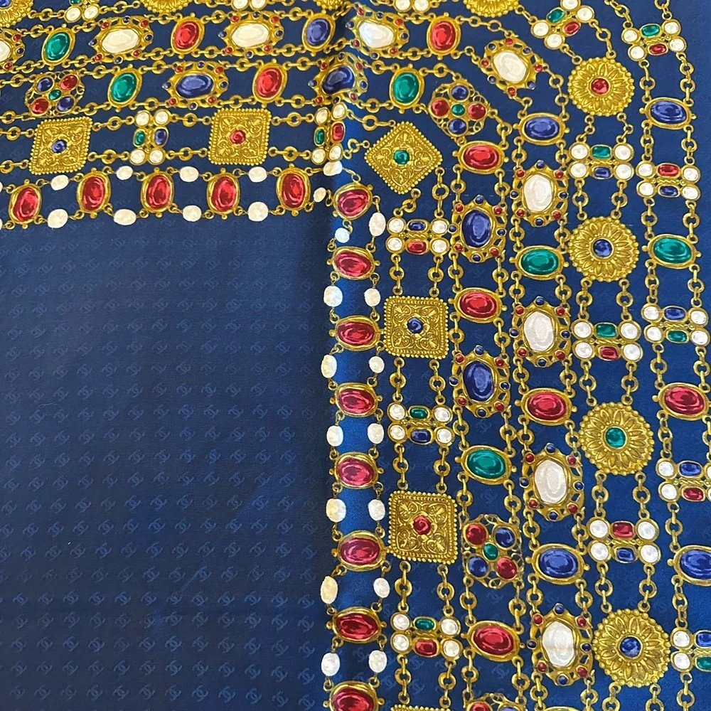 CHANEL Silk Chain Color Stone Scarf Navy Blue CC Coco Mark Logos COA w/ Box - Picture 10 of 14